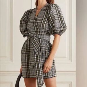 Ganni Check Seersucker Wrap Dress
